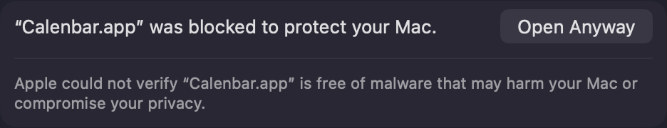 System Settings, Privacy & Security: “Calenbar.app” was blocked to protect your Mac, with an Open Anyway button.