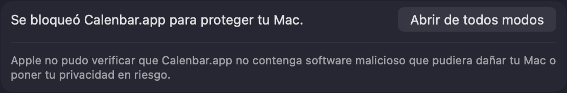Configuración del Sistema, Privacidad y seguridad: Se bloqueó Calenbar.app para proteger tu Mac, con el botón Abrir de todos modos.